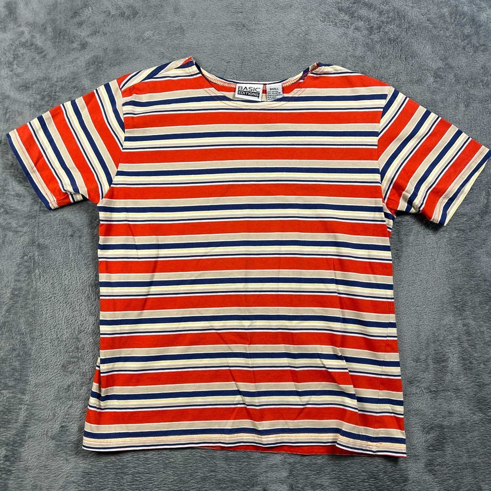 Basic Editions Blouse Top Womens Small Multicolor Striped Cotton Short Sleeve